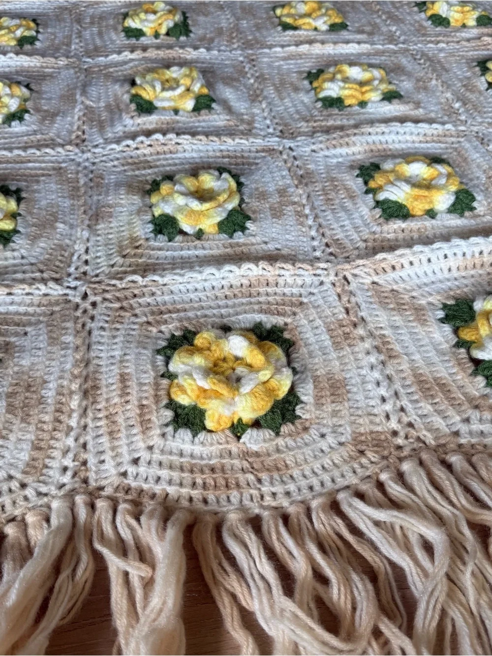 Cream & Yellow Floral Crochet Throw Blanket - Cozy Decorative Accent